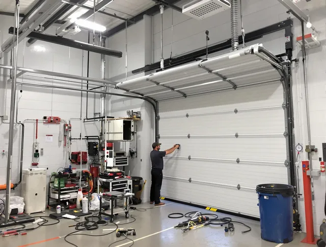 Westminster Garage Door Repair certified technician performing commercial door repair at a Westminster business facility