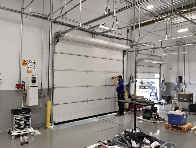 Commercial garage door repair being performed by Westminster Garage Door Repair expert in Westminster