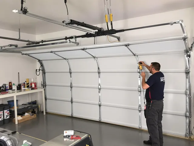 Westminster Garage Door Repair certified technician performing overhead door system repair in Westminster