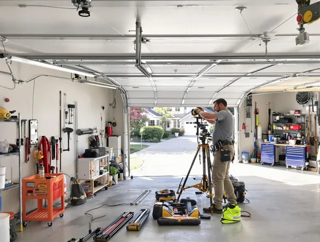 Westminster Garage Door Repair specialist performing laser-guided track alignment in Westminster